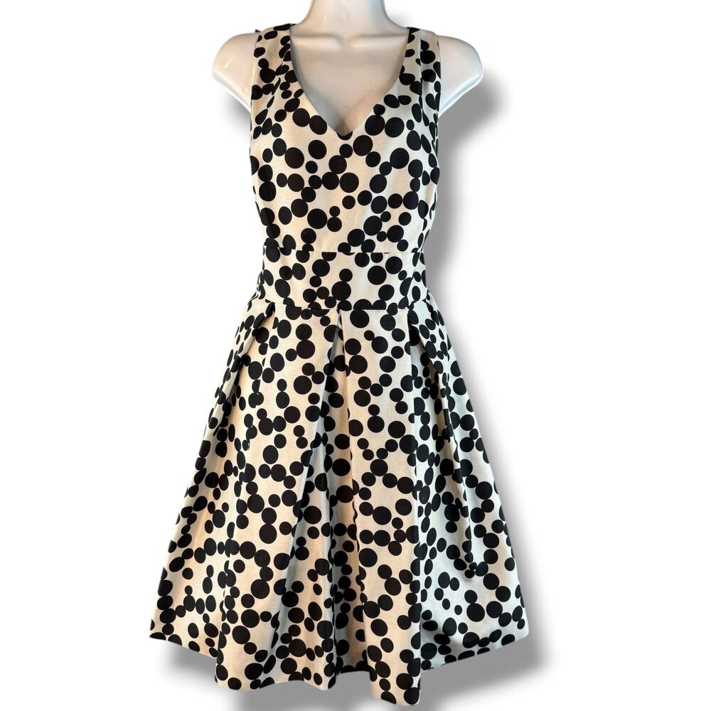 Taylor Black & White Polk a Dot Fit and Flare Dress V-Neckline Pleated Waist 14